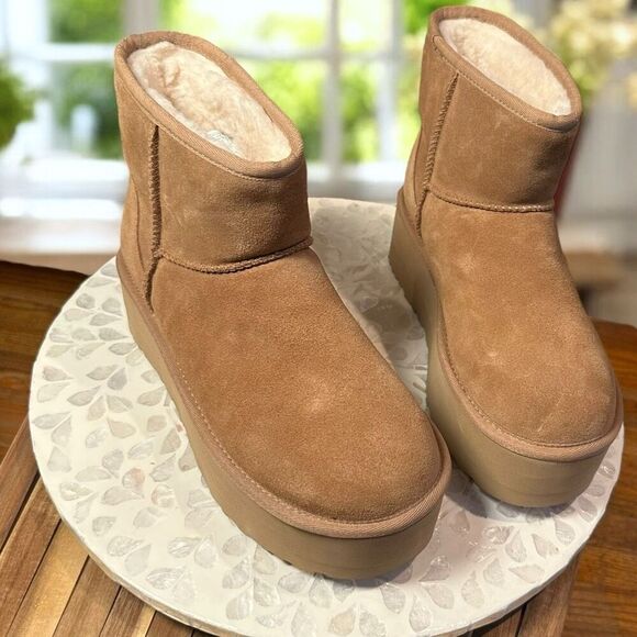 UGG Classic Mini Platform Boot Chestnut Suede Sheepskin Lined Women’s Size 9 EU - Picture 6 of 10